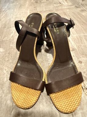 Gucci bamboo heels Brown Leather & Straw Trim Ankle-Strap Sandals